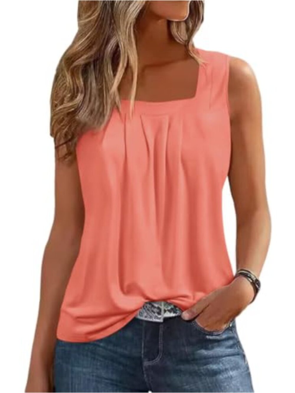 Women's Loose Fit Pleated Square Neck Sleeveless Tank Top Flowy Summer Shirt